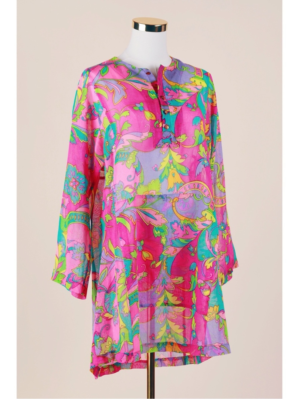Sz S/M Vtg 90s Groovy Paisley Multicolor Sheer Caftan Tunic Swim Coverup EUC